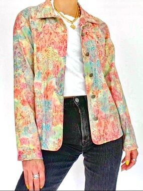 CJ Banks Women’s Pink Green Rose Print Floral Button Front Jacket Size 1X NWOT